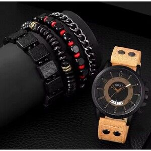 SOKI Black Brown Men's Watch Casual Style Date Leather Strap with 4 Bracelets
